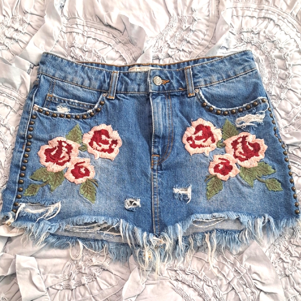 Free People Studded Embroidered Denim Skirt with Floral Design